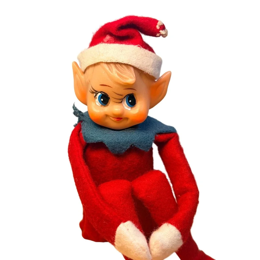 Vintage Christmas Elf Knee Hugger 1960s Red Felt Rubber Face Kitsch Decor